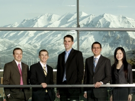 2011 Eccles Scholars. From left, Benjamin Rich, Ammon Shumway, James Toone, Mason Chenn and Cecilia Yiu 