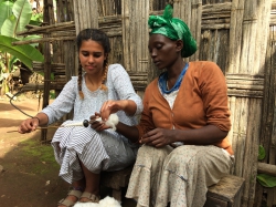 BYU sophomore Olivia Berhan working with an Ethiopian woman as part of her entrepreneurial venture