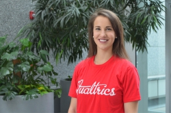 Natalie Stoker, 2018 BYU Marriott human resources graduate, posing for a photo after accepting a job with Qualtrics. Photo courtesy of Natalie Stoker.