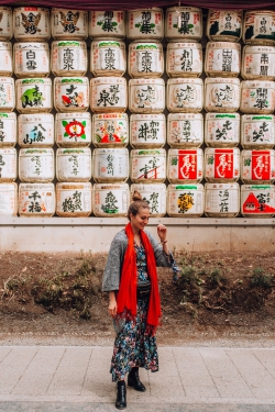 Kylie Chenn stands in front of a wall with many beautiful pieces of Japanese writing. She is tall, thin, wearing a blue dress with a bright red scarf. Her long brown hair is pulled into a bun on her head.