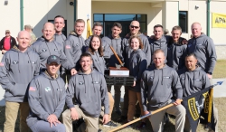 Falk with the 2019–2020 joint BYU and Utah Valley University Service First Battalion Ranger Challenge team after the team's victory at the 5th ROTC Brigade (BDE) Ranger Challenge. Photo courtesy of Garrett Falk.