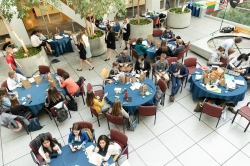 High school teams prepare for the competition in BYU Marriott's atrium.