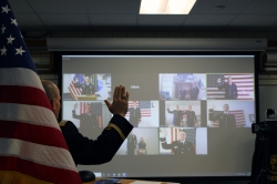 Lt. Col. Cook administered the oath of office to some of the Army ROTC cadets via a virtual conference call. Photo courtesy of Chantelle Ericksen.
