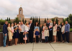 Anne Sledd and her family at the Newport Beach Temple in California