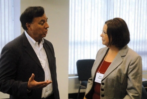 Reno Charette, right, the director of American Indian Outreach at MSU–Billings, talks with Tom Acevedo, CEO of S&K Technologies on the Salish Kootenai Reservation, during a break at the Rocky Mountain CIBER conference held at recently at MSU-Billings.