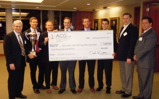 From l to r: John Hendrix, chair of ACG Utah Cup; BYU MBA students Adam Mabry, Todd Castagna, Tyler Casper, Michael Cox and Cory Steffen; Charley Shumway, senior manager, Ernst & Young; and Donald Rands, vice president, Zions Bank.